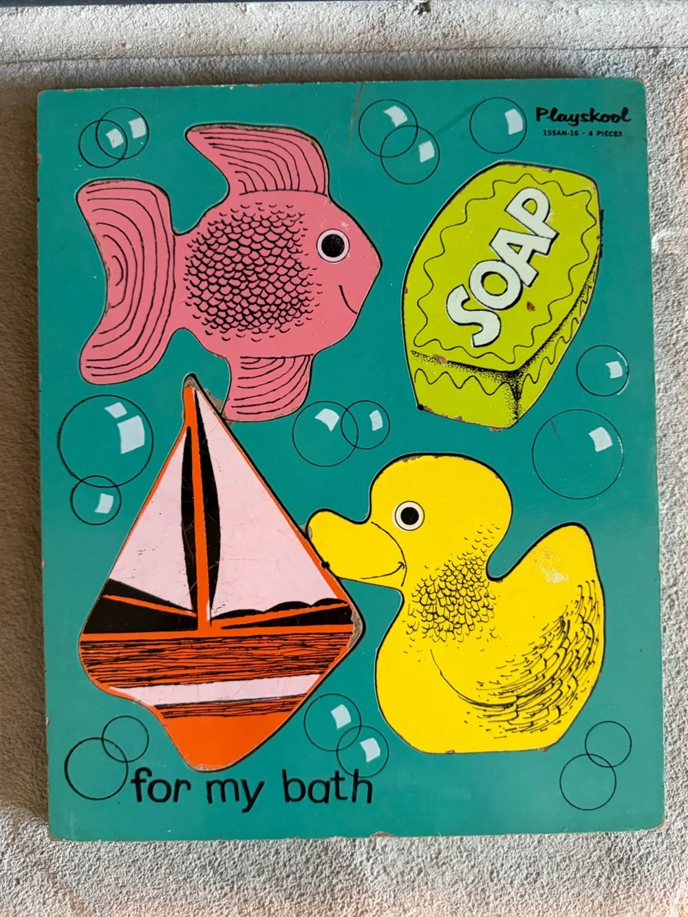 Vintage Retro Playskool 4-Piece Wooden Inset Tray Puzzle MY BATH Model 155AN-16